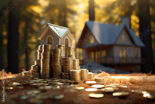 a toy house and coins on top of a background photo