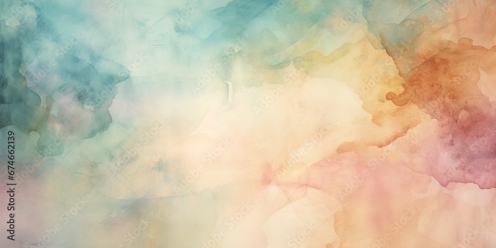 Fototapeta premium Watercolour painting wide canvas background backdrop smeared soft colours decorating, generated ai