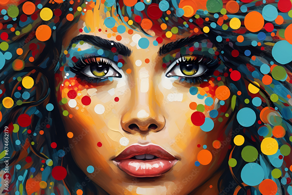 Abstract colourful painted portrait of female face with green eyes.