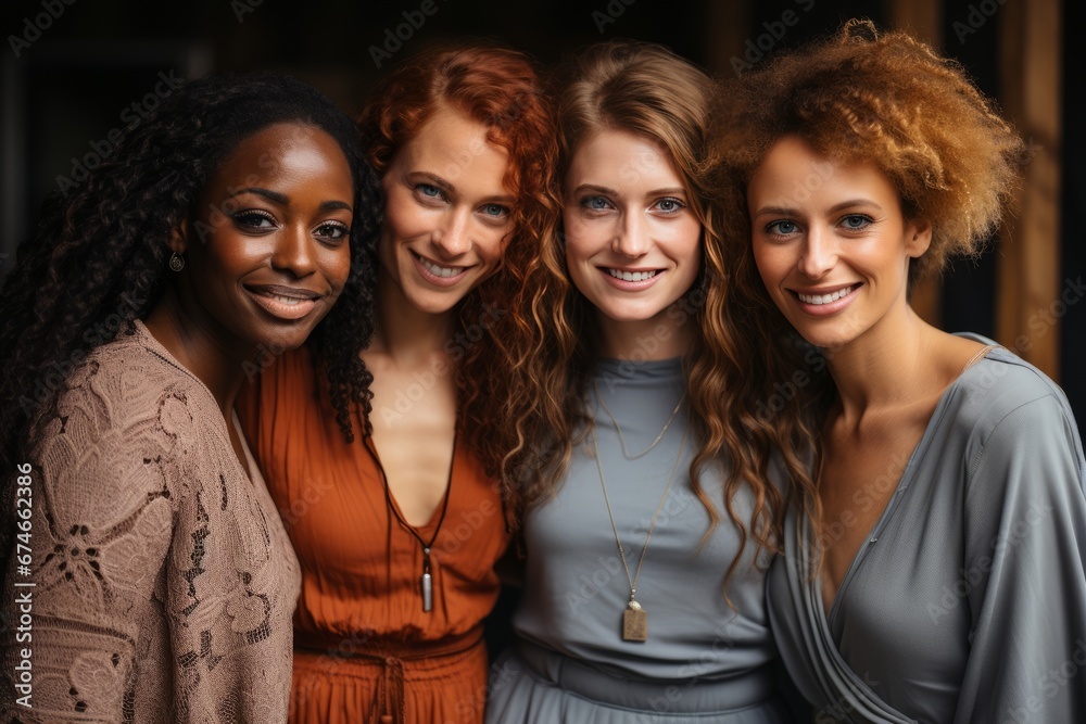 Half-length portrait of four cheerful young diverse multiethnic women. Female friends smiling at camera while posing together. Diversity, beauty, friendship concept. Isolated over grey background. Half-length portrait of four cheerful young diverse multiethnic women. Female friends smiling at camera while posing together. Diversity, beauty, friendship concept. Isolated over grey background.