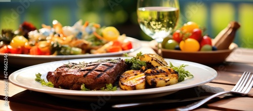 In the background of the picturesque outdoor dining area a vibrant blue plate displayed a delicious feast of grilled vegetables juicy meat and perfectly cooked steak from the barbecue creat