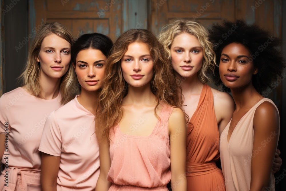 Fototapeta premium Half-length portrait of five cheerful young diverse multiethnic women outdoors. Female friends in beautiful dresses smiling at camera while posing together. Diversity, beauty, friendship concept.