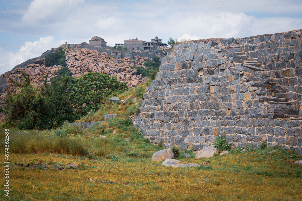 View of the Queen's fort in the Gingee Fort complex in Villupuram district, Tamil Nadu, India. Focus set on hill rocks.