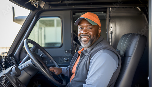 Semi truck driver black man inside the driver cabin. photo