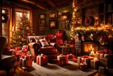 : A cozy den with a crackling fireplace, decked out in festive decor. The room is filled with the warm glow of twinkling lights, and a collection of beautifully wrapped gifts and fresh flower arrangem