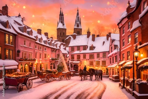 : A quaint village square with charming old buildings covered in snow. Festive wreaths and garlands hang from lampposts, and a horse-drawn carriage filled with happy carolers passes by. The sky is pai