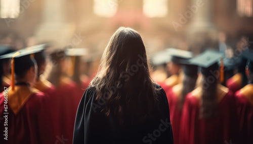 degree wearing girl standing with her back to the crowd