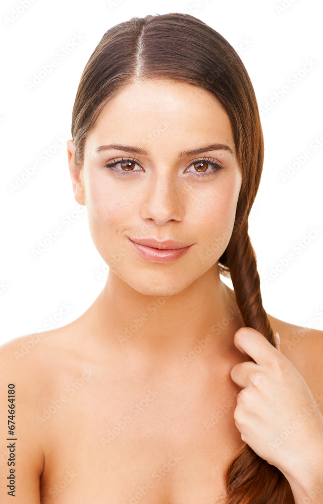 Woman, portrait and happy in studio for hair care, cosmetics and hand with keratin treatment for shine. Person, face and confidence with shampoo, hairstyle and collagen glow on white background Woman, portrait and happy in studio for hair care, cosmetics and hand with keratin treatment for shine. Person, face and confidence with shampoo, hairstyle and collagen glow on white background