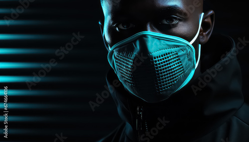 american man wearing a medical mask on a black background photo
