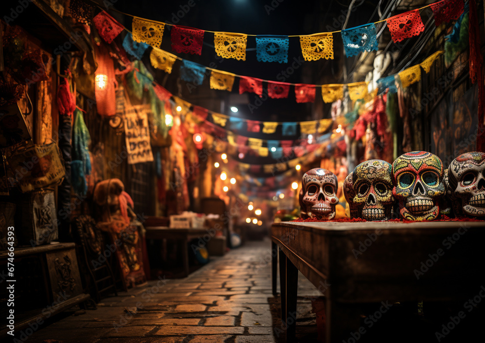 Decorations for Day of the Dead in Mexico: Sugar skulls and papel picado banners. AI