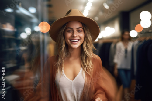 Photo of a beautiful young woman walking through a clothing store. Blur the movement of passing customers and the background © koplesya