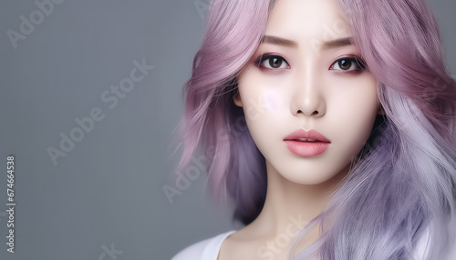 woman with purple hair on studio background