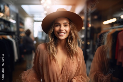 Photo of a beautiful young woman walking through a clothing store. Blur the movement of passing customers and the background