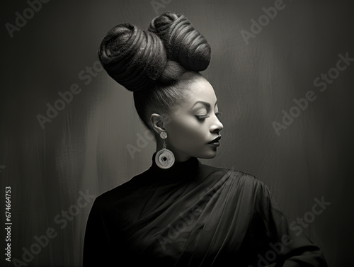 Close-up photo of a beautiful, charming African American woman, hair tied up in a bun, in the style of dramatic black and white portraits. Style, beauty and fashion concept