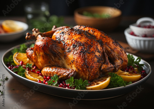 Christmas and Thanksgiving Dish: roasted whole turkey with cranberries and herbs. Whole roast turkey and cranberries on dark background