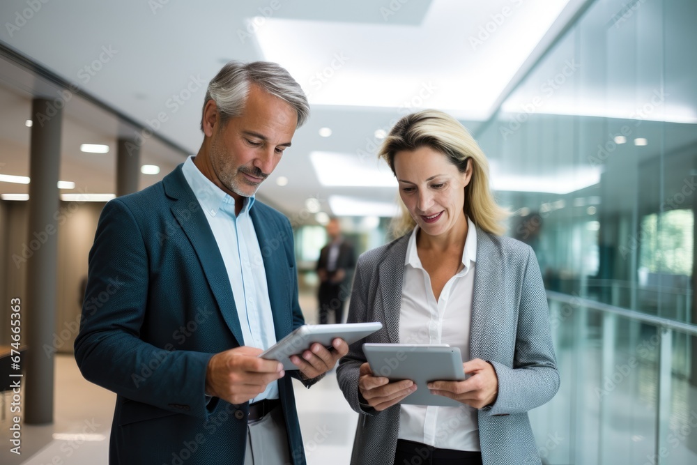 Obraz premium Mature man and woman holding tablet computers at an office