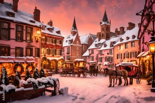 A quaint village square with charming old buildings covered in snow. Festive wreaths and garlands hang from lampposts, and a horse-drawn carriage filled with happy carolers passes by. The sky is paint