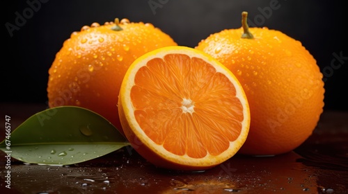 Studio photograph featuring a fresh orange with water splash  highlighted against a black backdrop.