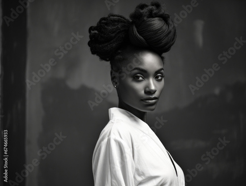Close-up photo of a beautiful, charming African American woman, hair tied up in a bun, in the style of dramatic black and white portraits. Style, beauty and fashion concept