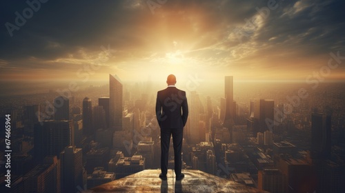 Businessman watching city from top of a building photo