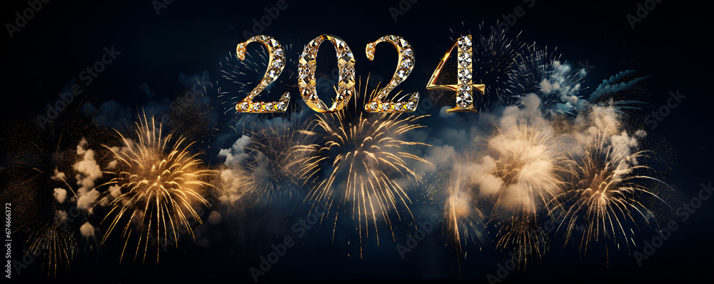 Bright holiday banner, 2024 shiny inscription texture of gold and diamonds on background of blue sky fireworks - obrazy, fototapety, plakaty 