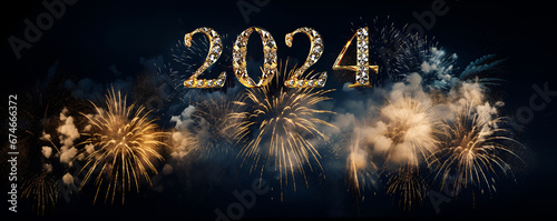 Bright holiday banner, 2024 shiny inscription texture of gold and diamonds on background of blue sky fireworks photo