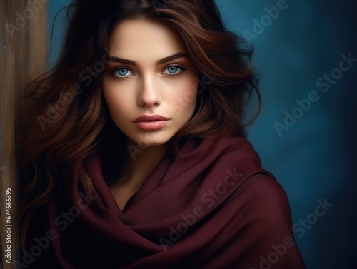 Close-up photo of a beautiful charming woman with beautiful wavy hair and wearing fashionable clothes in modern colors. Style, beauty and fashion concept