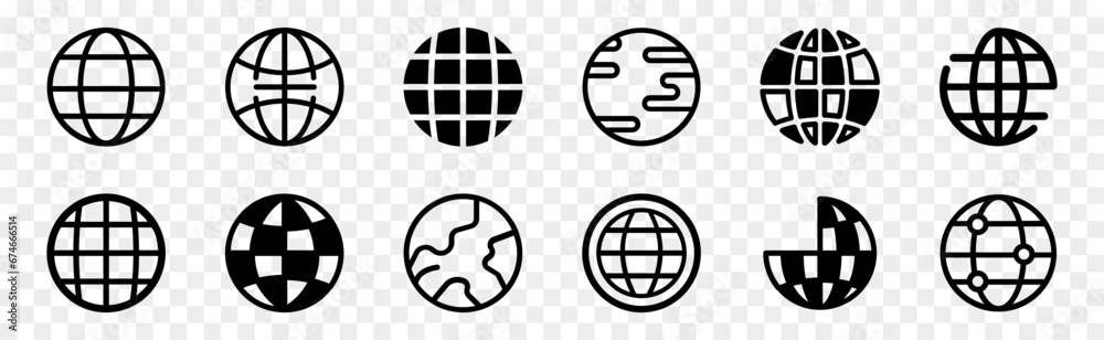 Web globe or planet icons in black. Internet, network symbols. World web signs or www earth globe icons. World globe line icons Web globe or planet icons in black. Internet, network symbols. World web signs or www earth globe icons. World globe line icons