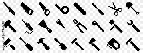 Tool or instrument icon collection in black. Construction tool silhouette icons. Screwdriver, wrench, wire cutter, drill, brush, hammer icons. Service and repair symbols