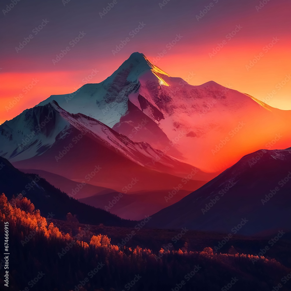 Dawn over the snow capped mountains. Snowy mountain peak at dawn. Sunrise in mountains. Mountain sunrise landscape