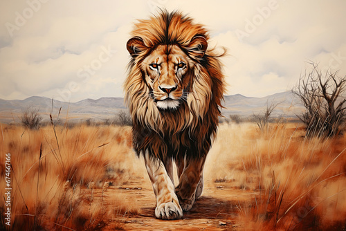 Lion in hat acrulic oil paint. Animal king in suit. Wildlife concept