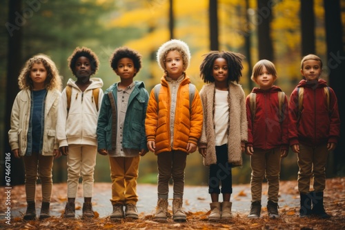 Group portrait of cheerful smiling multiethnic children with backpacks in autumn forest. Happy boys and girls of different skin colors play and learn tourism skills. Diversity and friendship concept.
