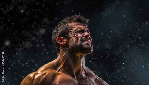 muscular man with water splashing against his face in the dark © terra.incognita
