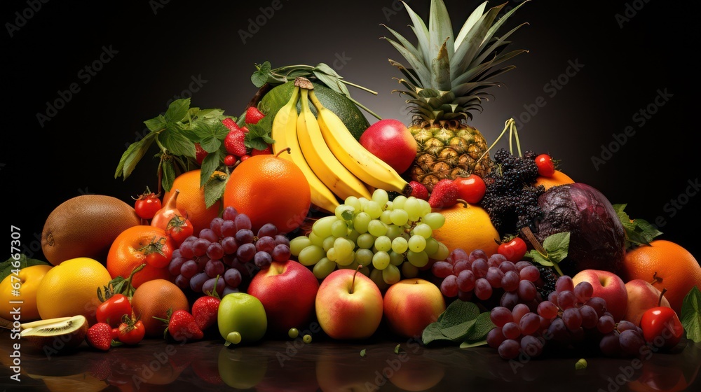 Fresh tropical fruits meticulously arranged in a studio setting, set against a black backdrop to highlight their freshness Fresh tropical fruits meticulously arranged in a studio setting, set against a black backdrop to highlight their freshness