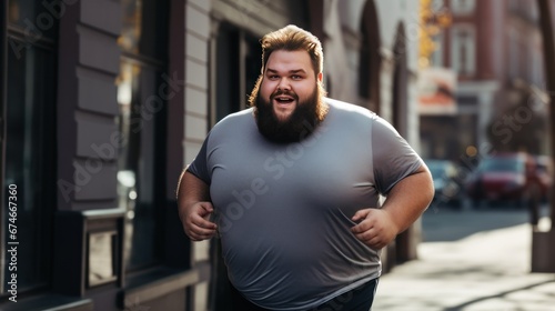 Plump man in sportswear at jogging workout on asphalt path on the city street. Fat man Improves physical health burning fat with thirst to lose weight. Active lifestyle and monitoring appearance