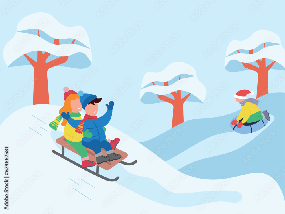 Children ride a tube and sled down a hill during winter holidays in a snowy park. Children sledding down a snow-covered slope in cold snowy weather in December.