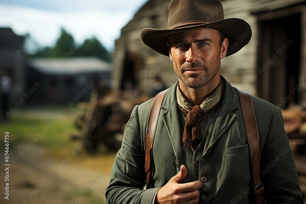 Obraz premium Portrait of mature man in cowboy clothes and hat against the background of wild west rancho. An experienced man with a weathered face looking confidently at camera. Real courageous cowboy.