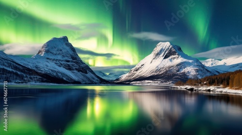 A stunning view of a snow-covered mountain and a beautiful lake at winter, with a bright and mesmerizing green aurora illuminating the sky.