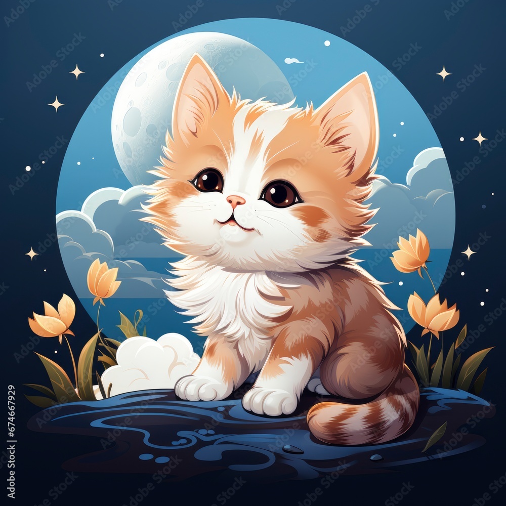 Cute Cat Holding Moon , Cartoon Graphic Design, Background Hd For Designer