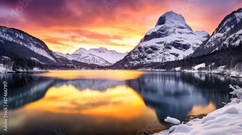Natural landscape featuring beautiful snow-covered mountains and a serene lake, with a strikingly bright and orange sky.