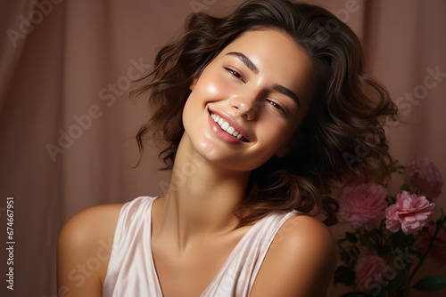 Close-up studio portrait of a beautiful young Caucasian woman. A cheerful girl with a gorgeous hairstyle, a wide charming smile and flawless makeup. Youth and beauty. Blurred pink background.