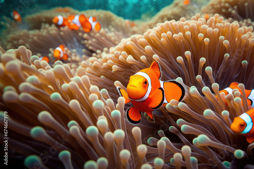 Orange Clownfish Amongst Anemone Tentacles in Shallow Reef