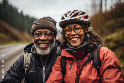 Portrait of elderly smiling African American couple riding bicycles together along picturesque country road. Cheerful seniors on a bike ride. Retired people lead active lifestyle to stay healthy.