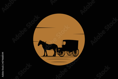 Silhouette of Cowboy Cart Covered Wagon Western at night Logo design inspiration