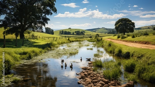 Ducks enjoying a sunlit stream in a green landscape © Emiliia