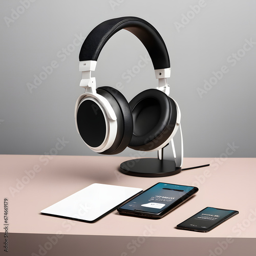 Headphones with smart phone and tablet on a table