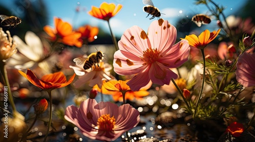 Macro shot Bees on flowers showcasing nature’s intricacies