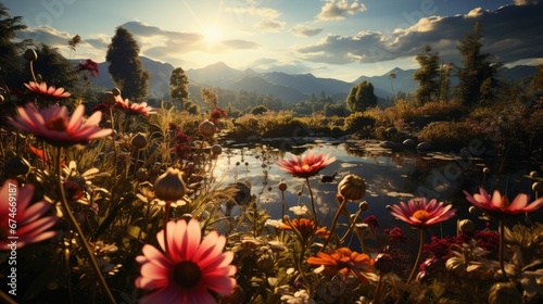 Blooming meadow at sunset with mountains in distance © Emiliia