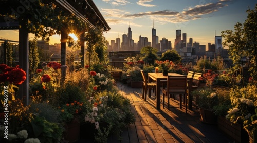 Tranquil rooftop garden against city sunset, panorama