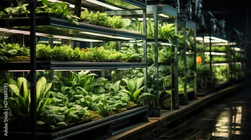 Vertical farming shelves filled with lush  green plants indoors